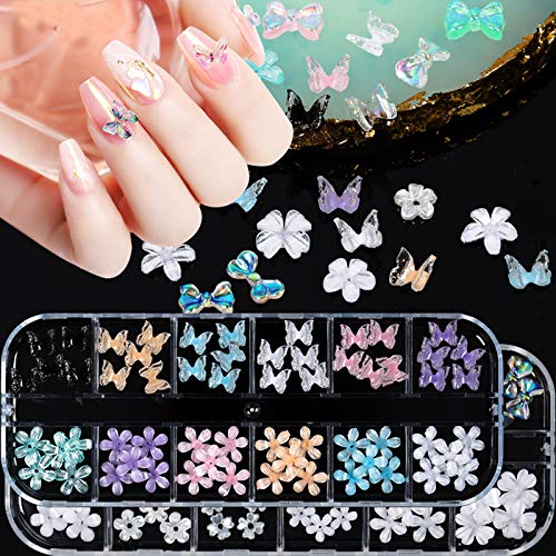 120Pcs 3D Butterfly and Flowers 3D Bows Charms for Nails Art Designs 2021 Colorful Acrylic Butterflies Flower Nails Charms for Women DIY Manicures Jewelry Salon Accessories DIY Crafting