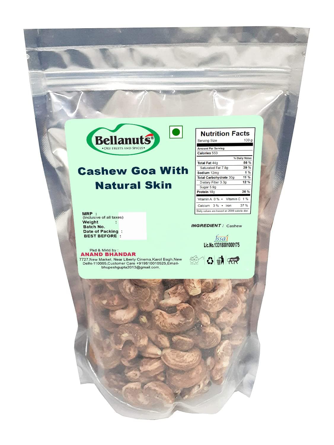 Bellanuts Cashew goa Skin natural XXX | Cashew Skin Natural | Cashews with Skin | Chilke wala kaju 500g (B082GFC5GY) Amazon Price History, Amazon Price Tracker