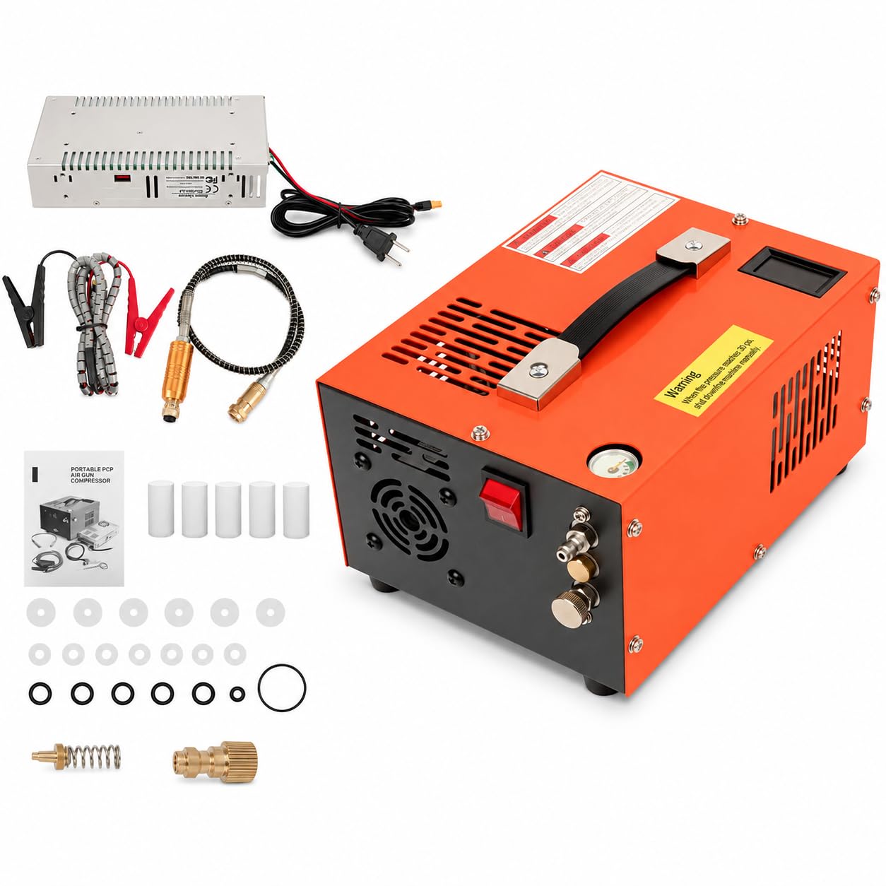 PCP Air Compressor, 4500PSI Portable PCP Compressor, 12V DC/220V AC PCP Airgun Compressor Manual-Stop, w/External Power Adapter, Built-in Fan, Suitable for Paintball, PCP Rifle, Pistol, Scuba Bottle