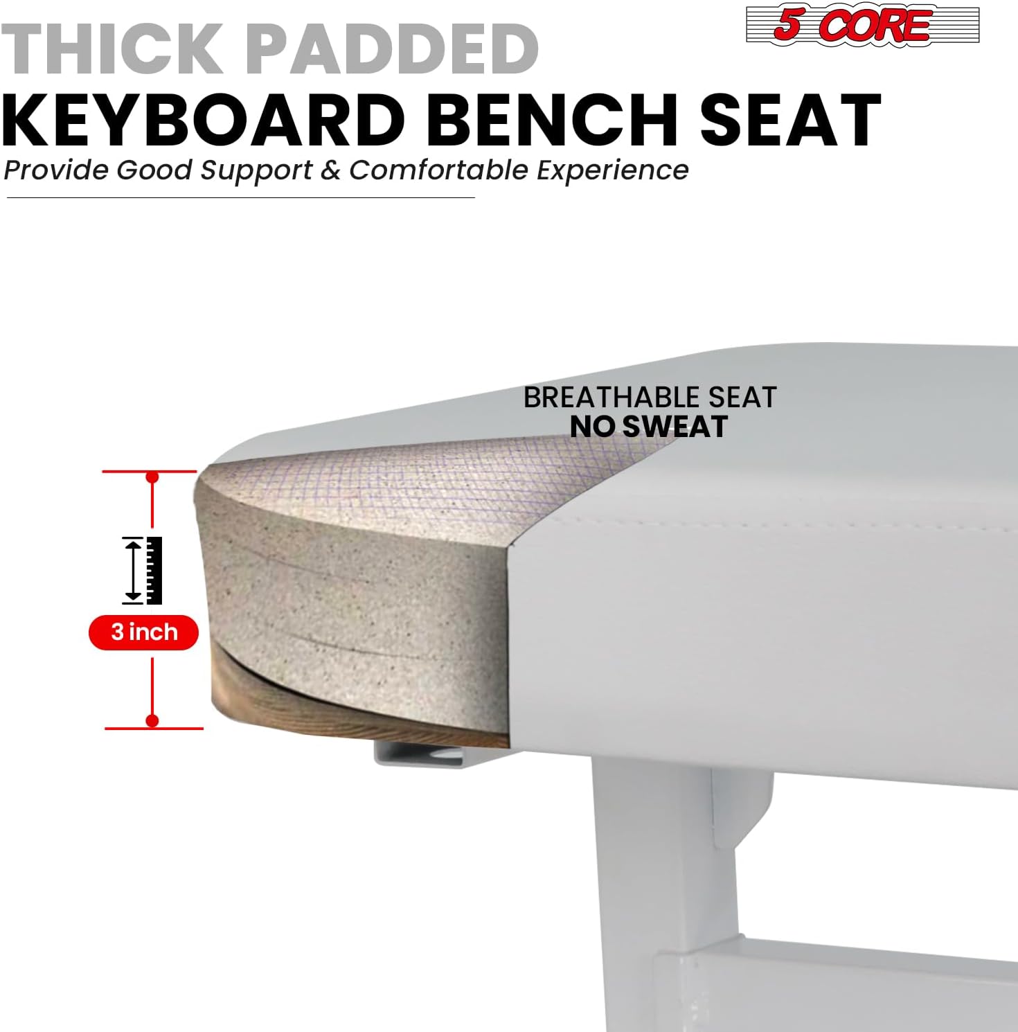 5 CORE Keyboard Bench 3 Inch Thick Padded Cushion Adjustable 17-22" Piano Stool Heavy Duty 260 lb Capacity Portable Musician Chair - KBB H-ADJ WH