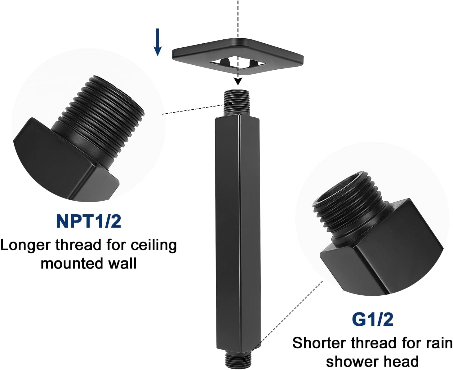 NearMoon Ceiling Mounted Shower Arm with Flange, Universal Connection 1/2 NPT Straight Square Shower Arm for Fixed Rain Shower Head, Made of Thicken Stainless Steel (6 Inch, Matte Black)