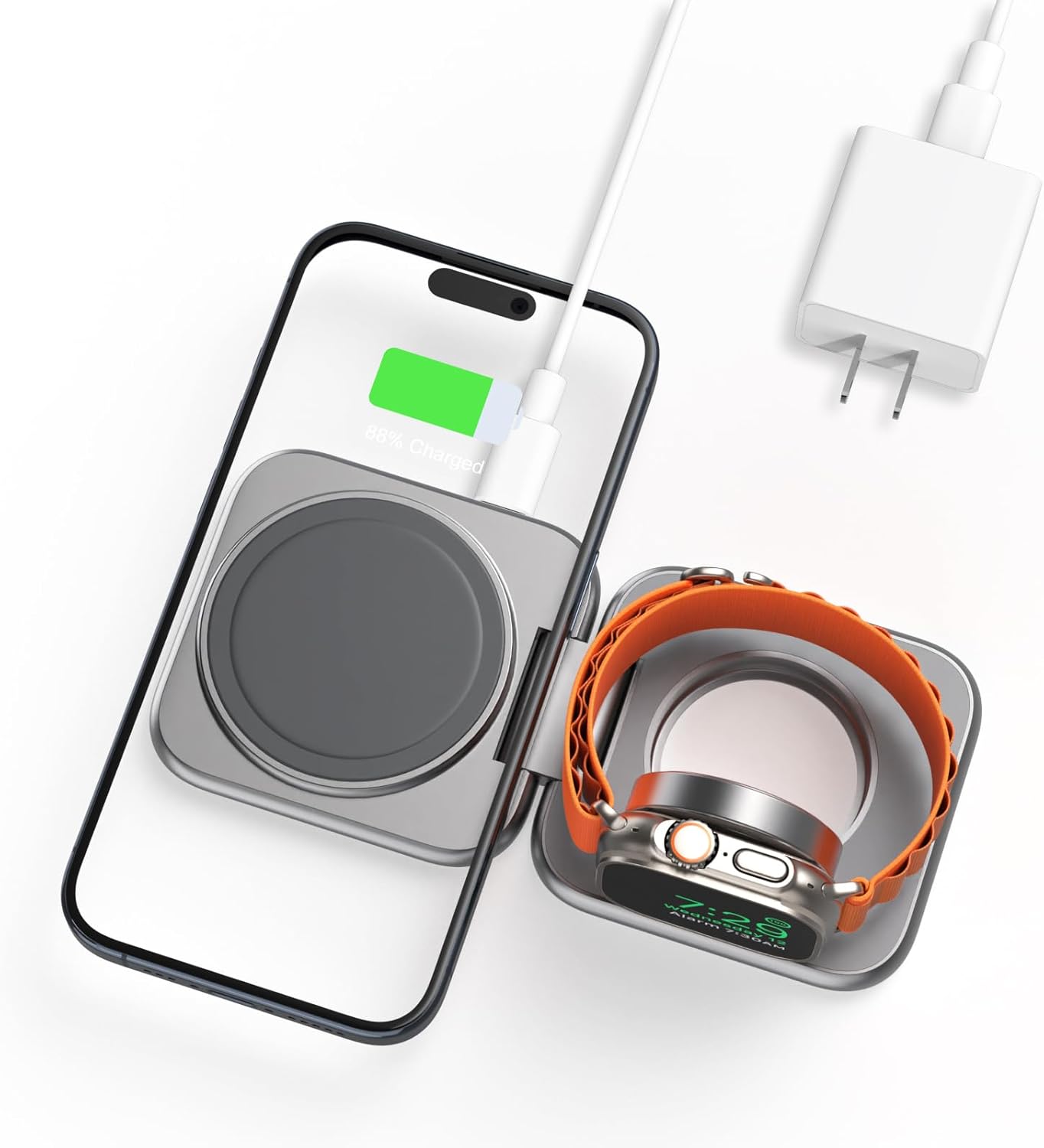 2 in 1 Foldable Mini Travel Wireless Charger Stand for Apple, KUXIU Aluminum Alloy Magnetic Charging Station Compatible with iPhone 15/14/13/12Pro/Max, 5W Fast Charging Watch 9/8/7/Ultra2, AirPods Pro
