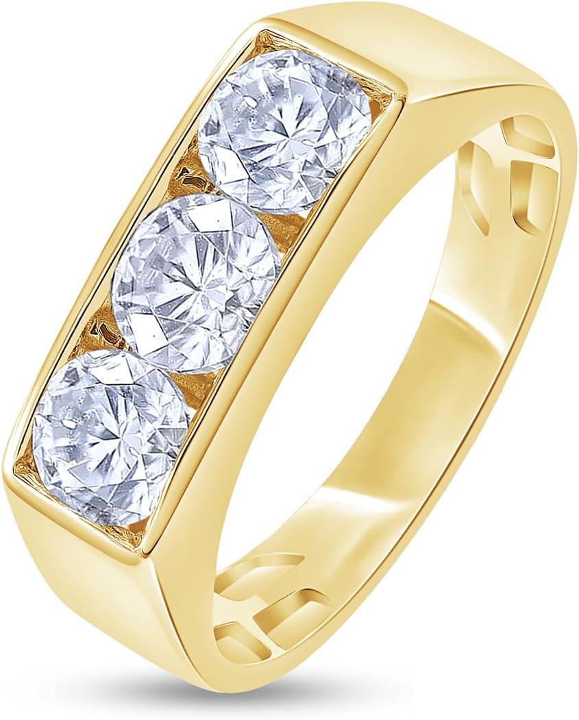 3 Stone Men Ring Lab Created Moissanite & Lab Grown Diamond Wedding Band Ring For Men In 925 Sterling Silver 10K And 14K Solid Gold Jewelry Gift For Him Her (0.25 Cttw to 1 Cttw)