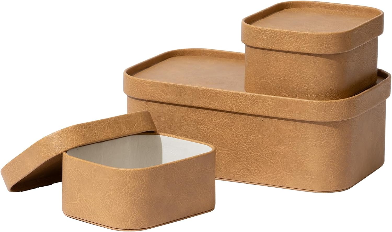 La Jolie Maison Vegan Leather Storage Boxes with Lids, Set of 3 Decorative Storage Containers Organize Stackable Storage Box, Camel Camel PU Leather