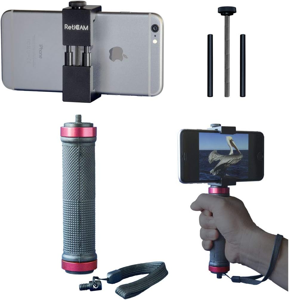 RETICAM® Smartphone Tripod Mount with Hand Grip - All Metal Heavy-Duty Hand Held Stabilizer and Tripod Mount for Smart Phones and Cameras - HG30, Aluminum, Red