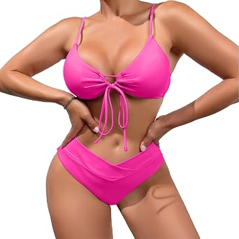 meioro Womens High Waisted O Ring Tie Two Piece Bikini Set V Neck Swimsuit