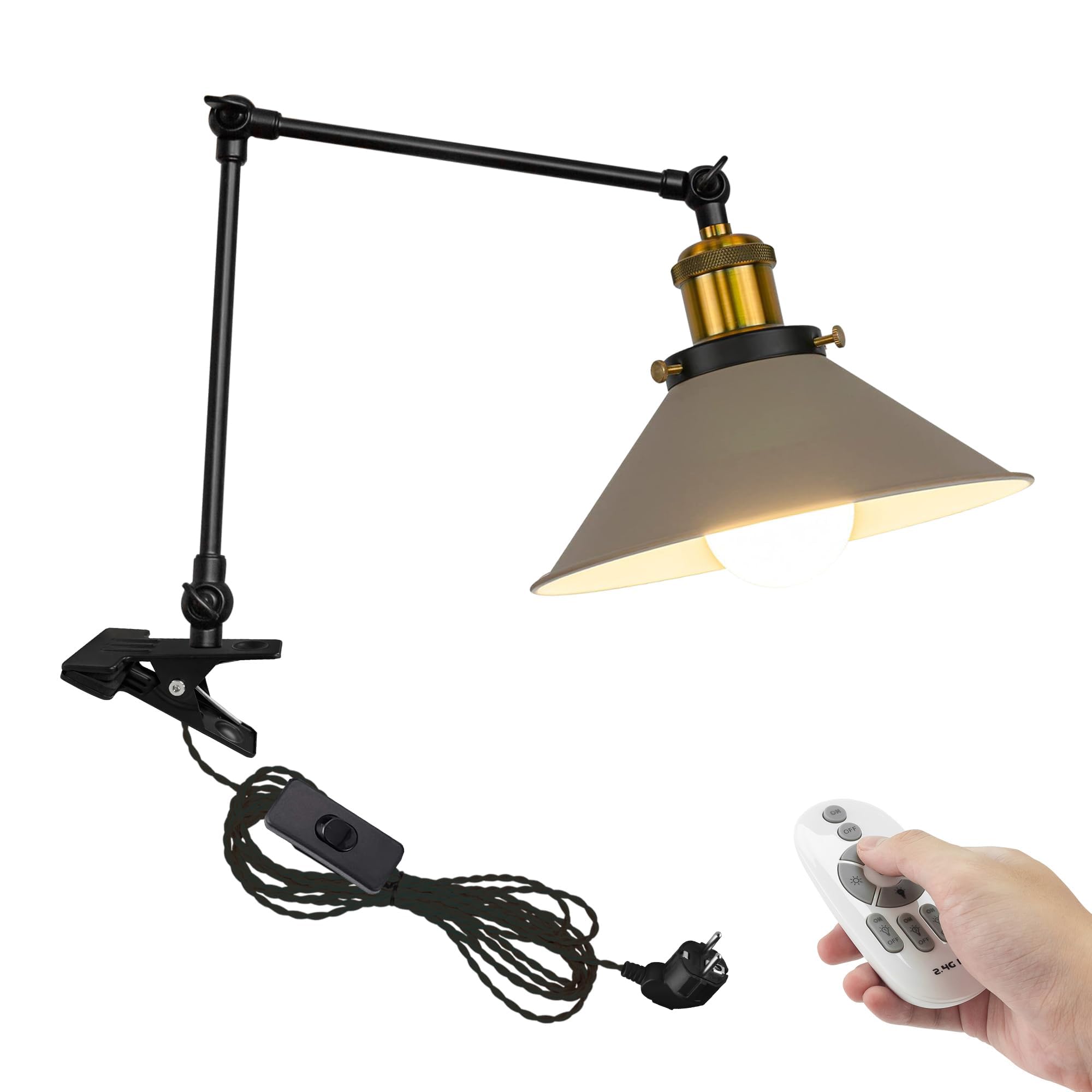 Industrial Klemmleuchte mit Fernsteuerung, Einstellbar Clip auf Schreibtisch Leselampe,Dimmbar Clamp Nachttischlampe mit Flexarm für Schreibtisch Nachttisch Regal-Khaki TD0633