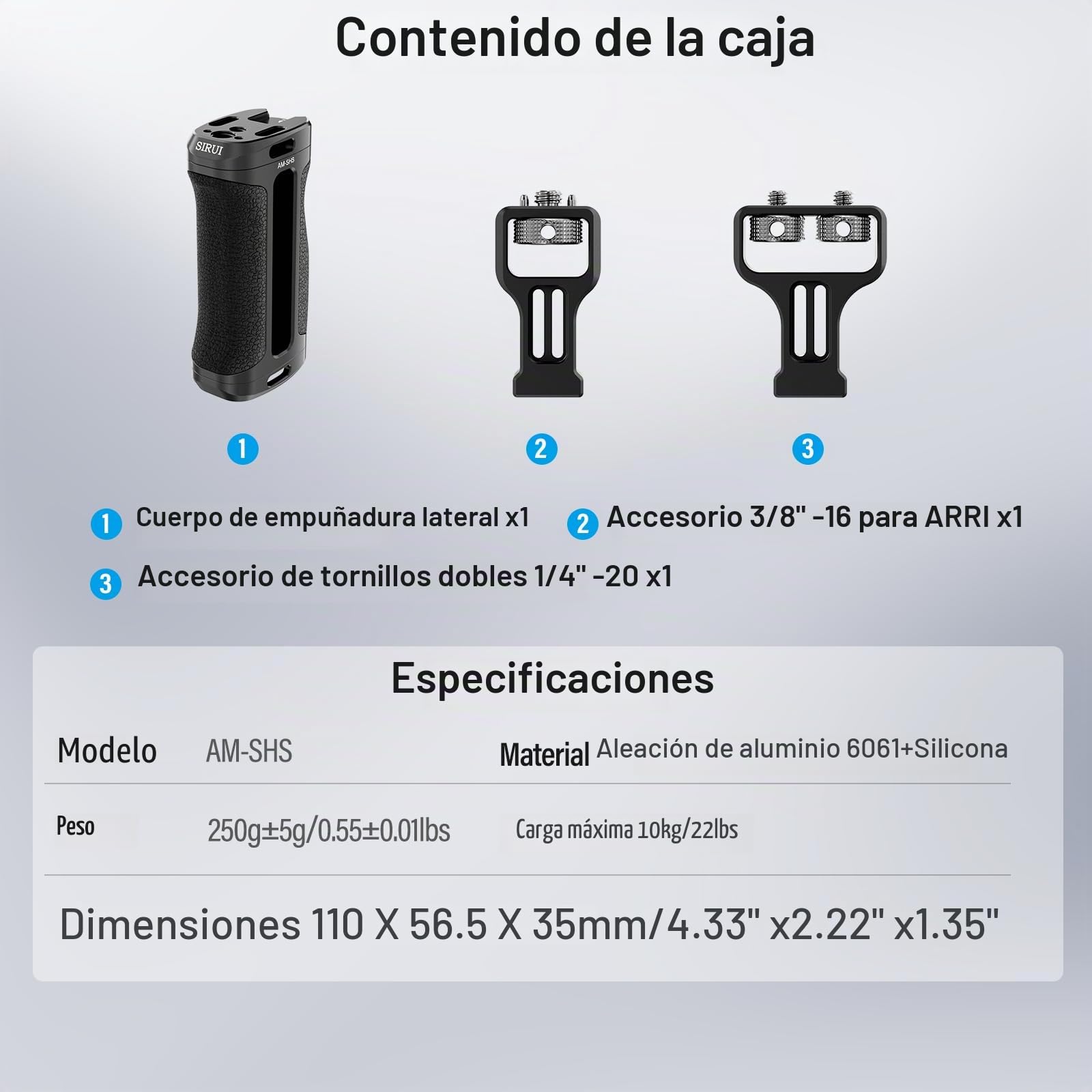 SIRUI Mango Lateral con Localización para ARRI y con Tornillo de 1/4'' para Jaulas de Cámara, Side Handle Ergonómica Universal - Am-SHS
