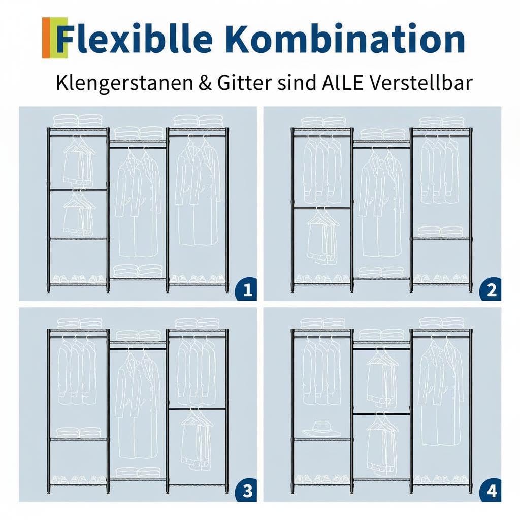 Schwerlast Kleiderständer mit Regalböden, freistehendes offenes Metall-Kleiderschranksystem - 4 Kleiderstangen, 6 verstellbare Ablagen, modular - bis 1430 lb - Schwarz