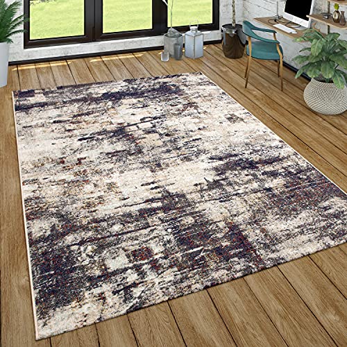 Paco Home Teppich Wohnzimmer Kurzflor Vintage Optik Abstraktes Muster Modern Creme Lila Beige, Grösse:80x150 cm