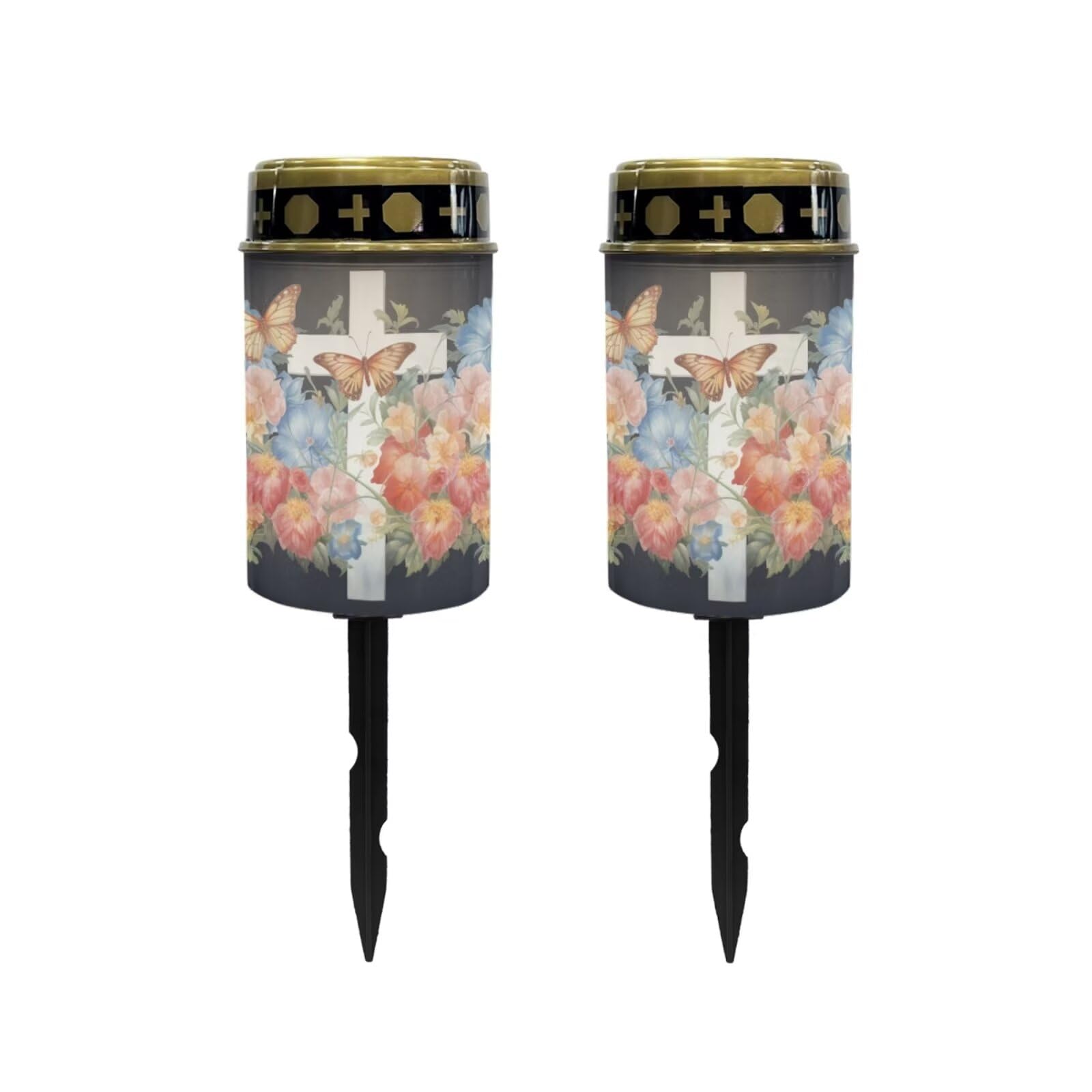 Poceacles Cross Solar Lights Outdoor for Cemetery Grave Decorations, Fake LED Pillar Candles Solar Powered Waterproof Outdoor Stake Lights Grave Markers, Butterfly White Cross Flower, Pack of 2