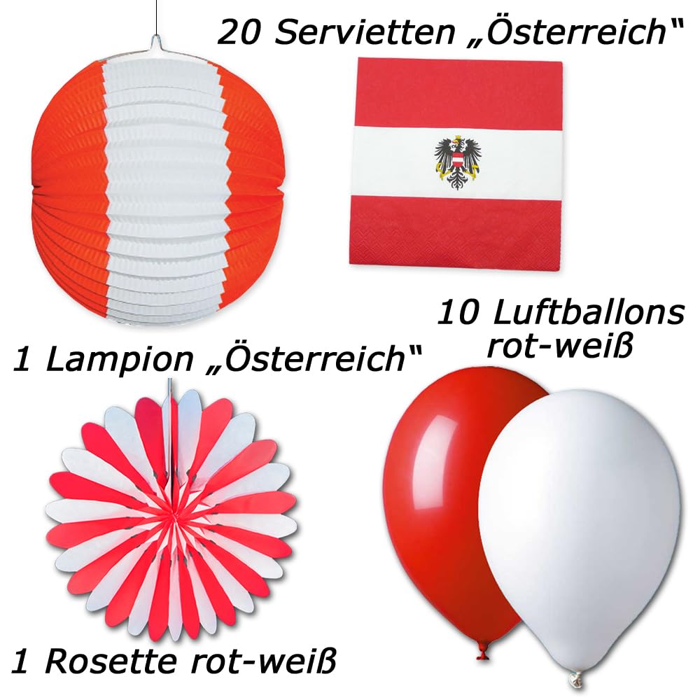 Österreich Deko Set rotweißrot groß - Partydeko im Design der rot-weißen, österreichischen Flagge, Girlanden, Fähnchen, Fahnenkette, Tischdeko Motive, Dekohänger, Lampion, Servietten im Dekoset