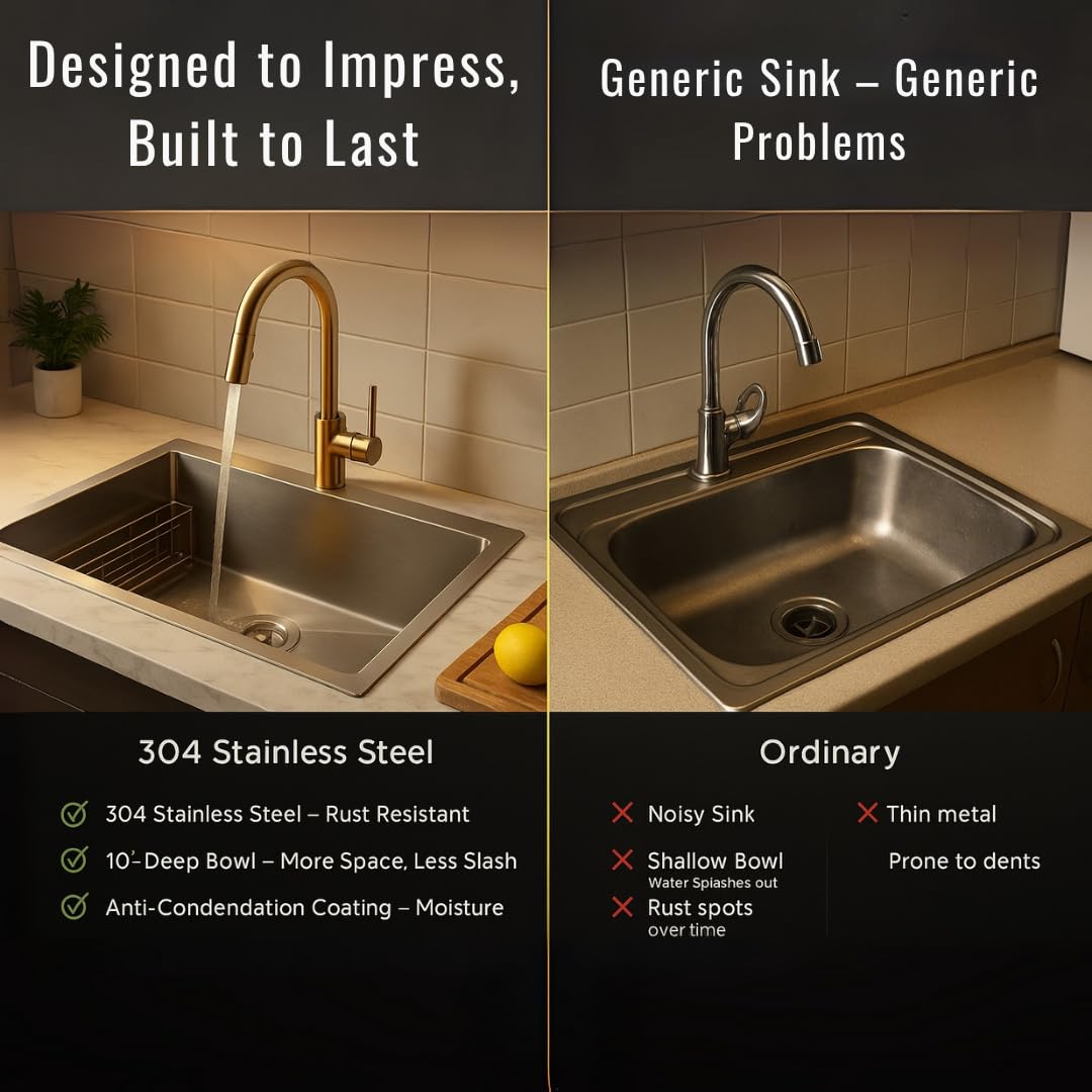 HISRE Handmade Single Bowl Kitchen Sink 24x18x10 Inch | Premium Stainless Steel with Brushed Matte Finish | Includes Coupling & Vegetable Washing Basket | White, photo 5 of 5