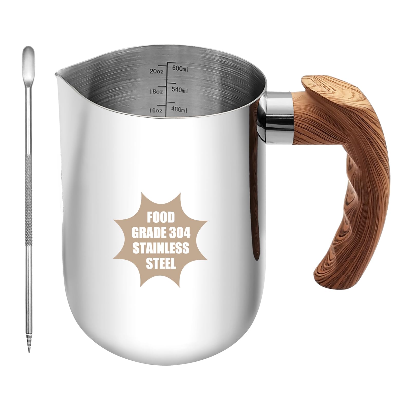 Milk Frothing Pitcher, 20oz Milk Frother Cup 304 Stainless Steel Steaming Pitcher with Art Pen Milk Coffee Jug Cup with Heat-resistant Handle and Scale