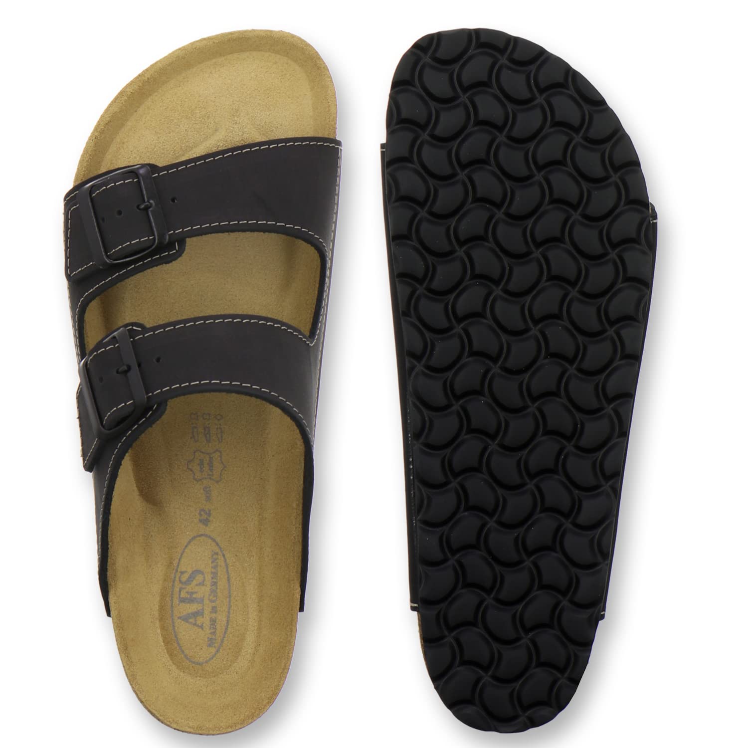 AFS-Schuhe 3110 sportliche Herren Pantoletten Leder, Bequeme Hausschuhe Korkfussbett, Made in Germany