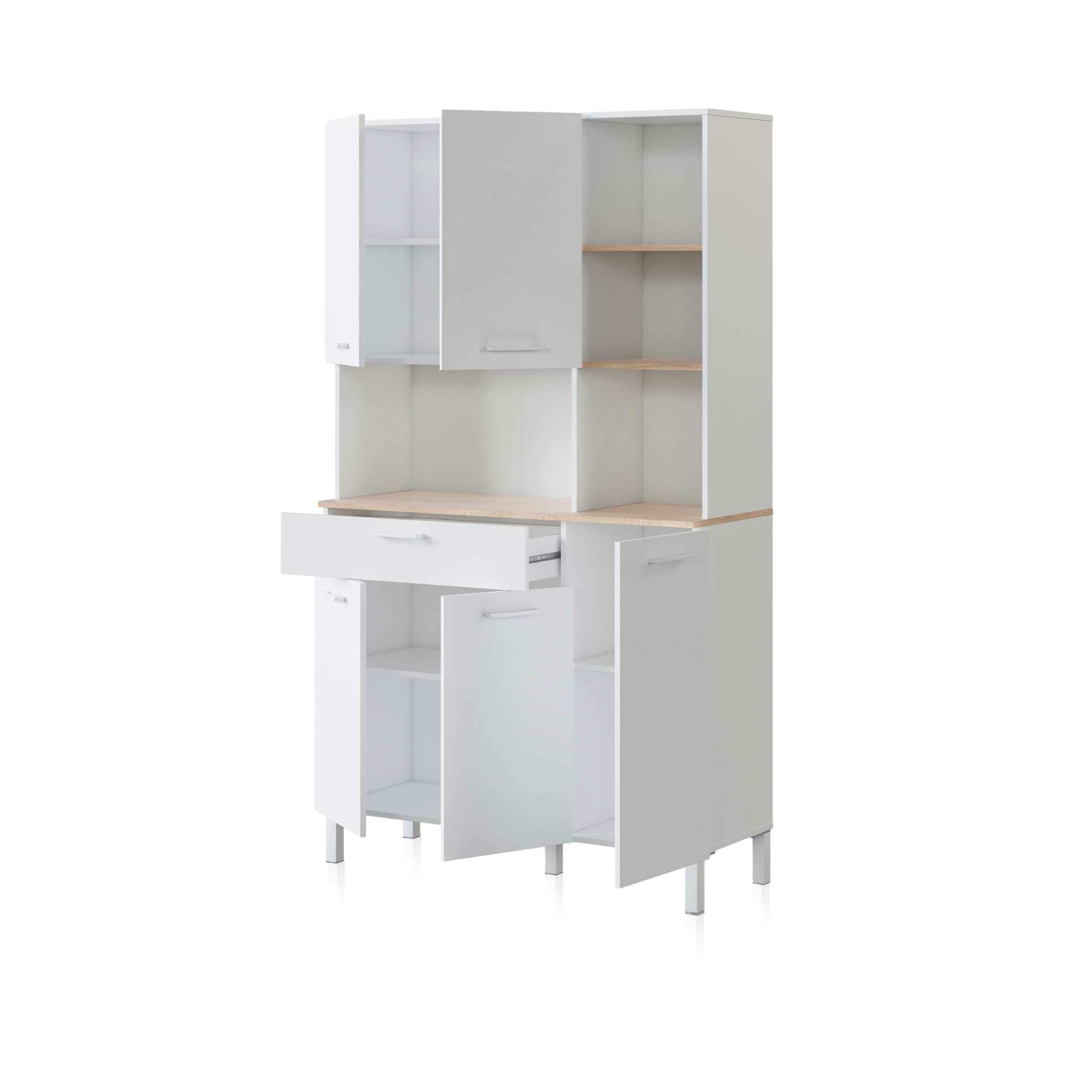 duehome | Alacena de Cocina, Mueble Auxiliar 5 Puertas + 1 Cajon y Estante Interior, Modelo Colin, Acabado en Blanco Artik y Roble Canadian, Medidas: 108 cm (Ancho) x 186 cm (Alto) x 40 cm (Fondo)