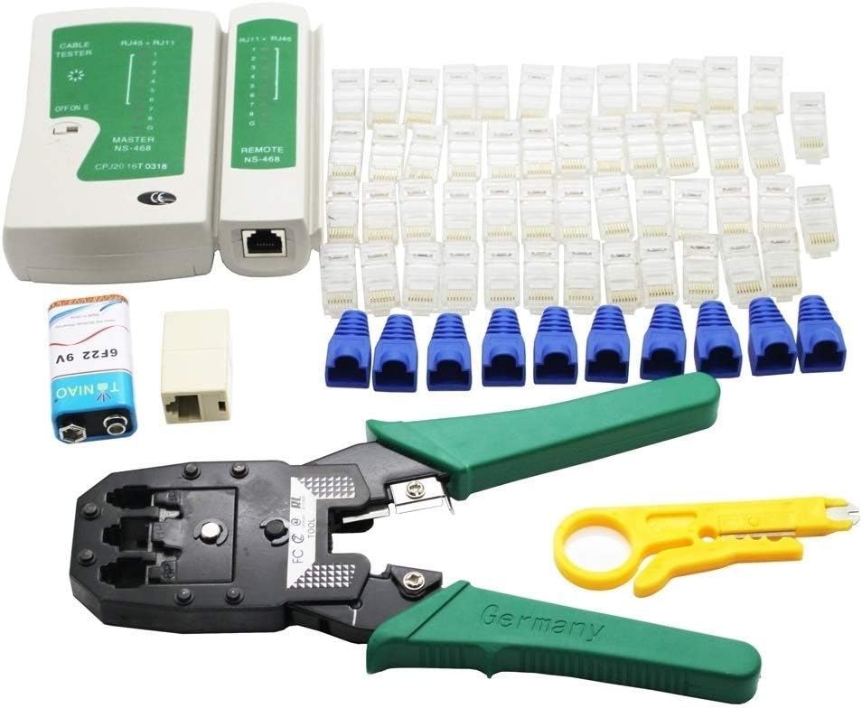 Network Tool Kit, GGIENRUI 7 in 1 Professional Ethernet Network LAN Kit RJ11 RJ45 Cat5e Cat6 Cat7 Wire Cable Tester Crimping Tool Crimper, 50pcs RJ45 Coupler Joiners, Internet Coupler (65pcs Set )