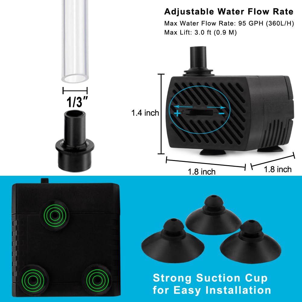 PULACO Mini Water Pump - 95 GPH with Tubing -5