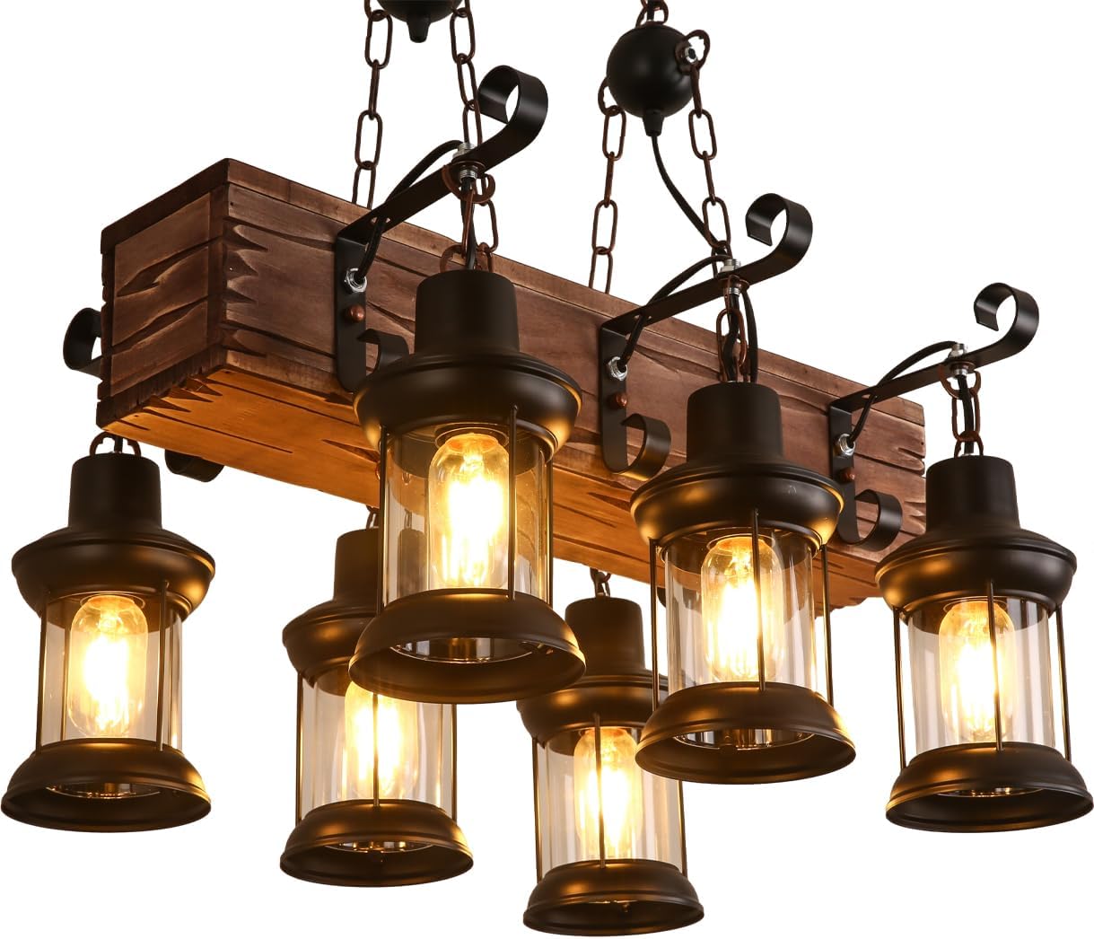 iMeshbean Rustic Chandelier Farmhouse Rustic Light Fixtures for Dining Room Kitchen Island, Industrial Wooden Hanging Lights Ceiling Light Fixture for Game Room Bar Coffee Pool Table (6-Light)