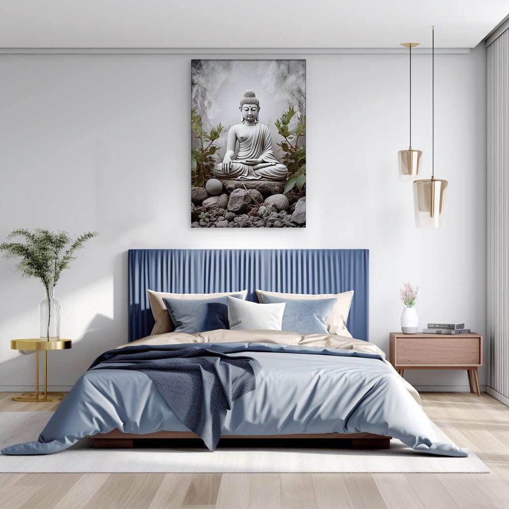 Canvas for Living room. Embracing Tranquility: Discovering Serenity Through a Meditative Buddha Statue Oasis, 27 x 18 inch Canvas Wall Art - Contemporary Masterpieces - Modern Home Decor