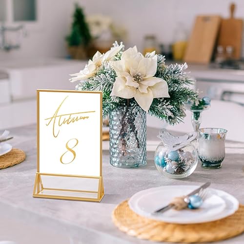 Miniatura 8 de Portarretratos de acrílico dorado de 5 x 7 pulgadas, soporte de exhibición transparente de doble cara, soporte acrílico de mesa para el hogar,