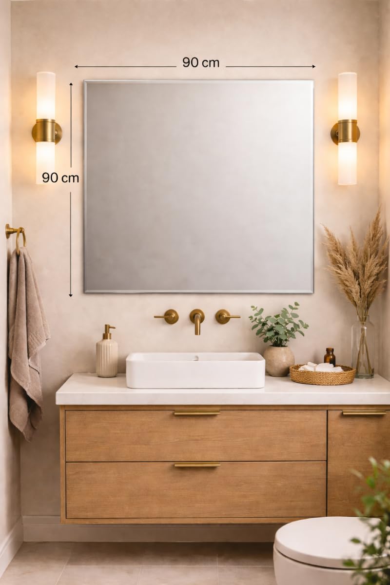 Specchio da parete per bagno, quadrato, senza cornice, 90 x 90 cm, moderno specchio da parete, grande specchio contemporaneo, bordo lucido
