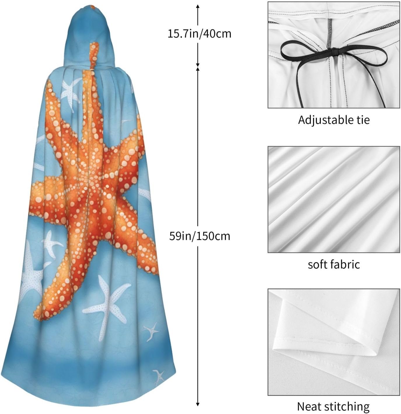 SSIMOO Blue Background Starfish 1 Eye-Catching Cosplay Costume Cape for Women - Unisex Vampire Cloak for Halloween.