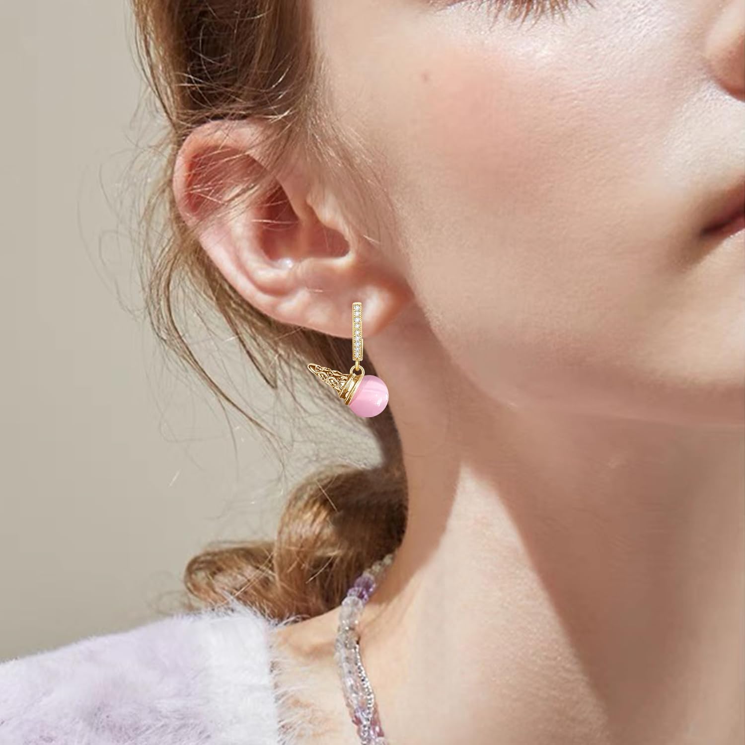 Sparkly Crystal Opal Ice Cream Dangle Drop Earrings Funny 14K Gold Food Huggie Hoop Earrings For Women - Image 2