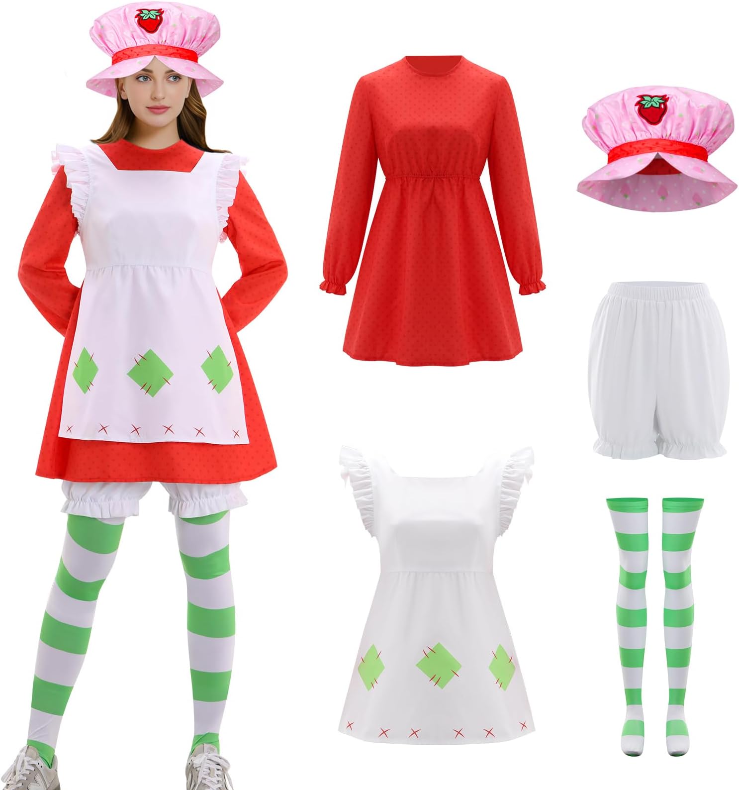 Women Strawberry Costume Red Dress Apron Hat Stockings Outfit Halloween Party Cosplay Full Set