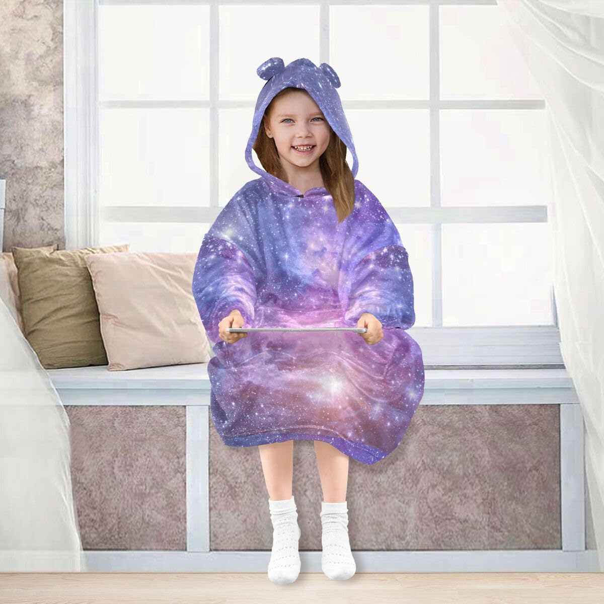 Galaxy Planets Stars Dziecięcy koc do noszenia z kapturem, oversize, bluza, koc, fioletowy, mgławica, dla chłopców i dziewcząt w wieku 3-14 lat