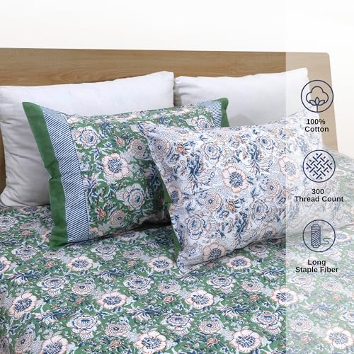 Image of TOAI Hand Block Printed Bedsheet | Bed Spread Flatsheet Bed Sheet | Pure Cotton | King Size 108 inchx108 inch | 300 TC Long Staple Cotton | 2 Reversible Pillow Covers |Messy Garden