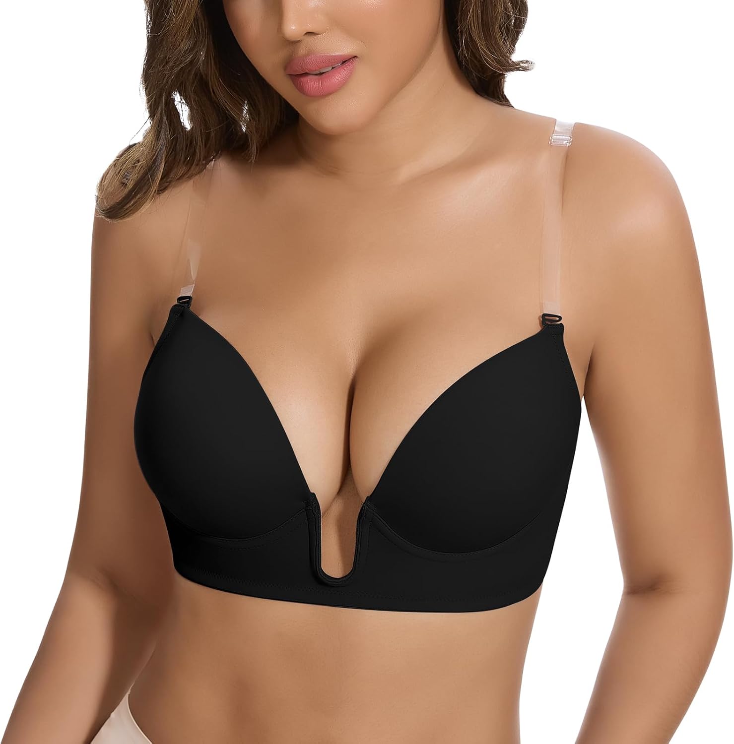 JOYSHAPER Plunge Bras for Women Backless Push Up Bras Low Cut Padded Bras Shaper Convertible with Clear Straps Dress Bra