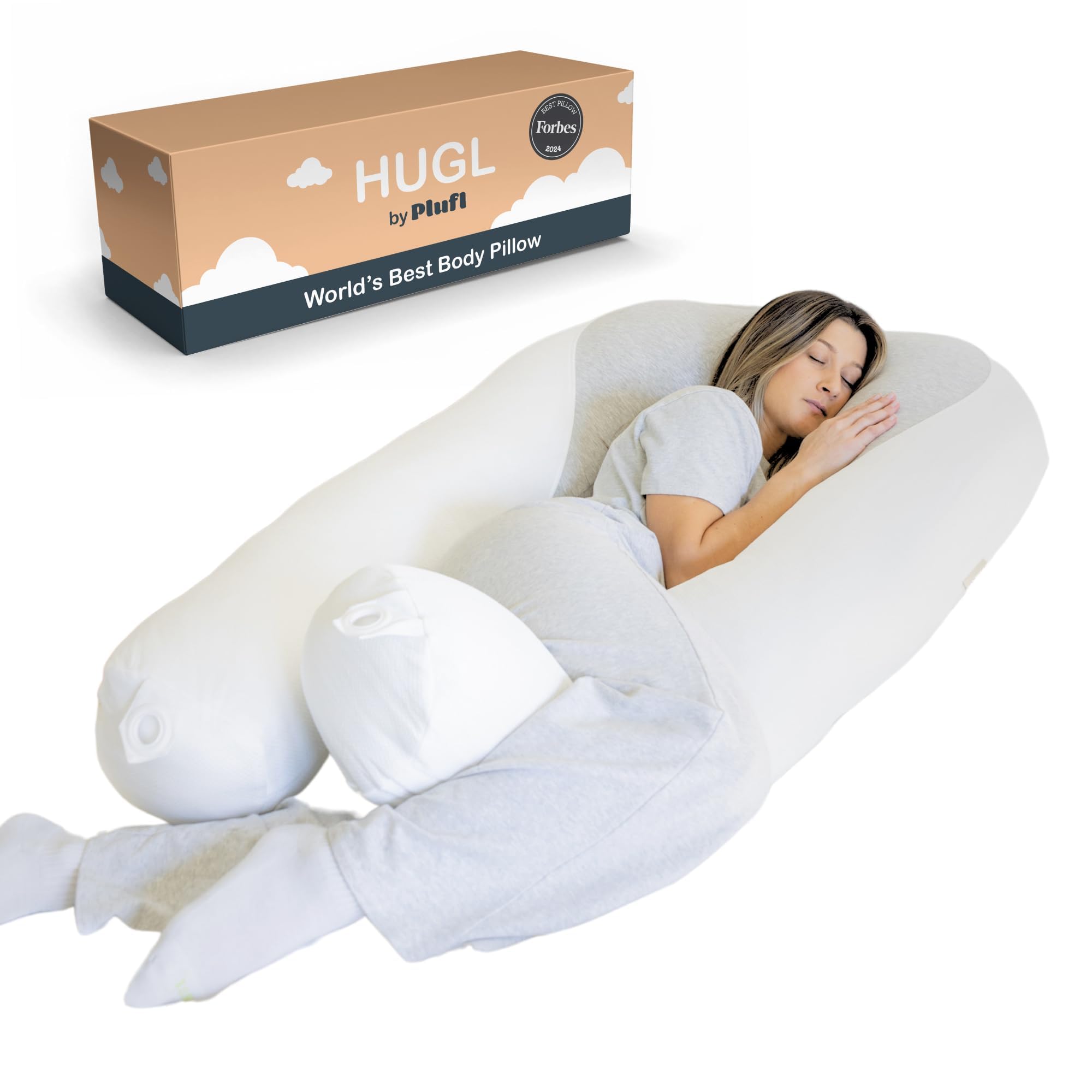 Plufl Hugl Cooling Body Pillow for Adults, U Shaped Pregnancy Pillow, White | CloudSupport Fill, Side Sleepers, Maternity Comfort, Postpartum Support, Hip and Knee Cushioning, All Night Comfort, Washable