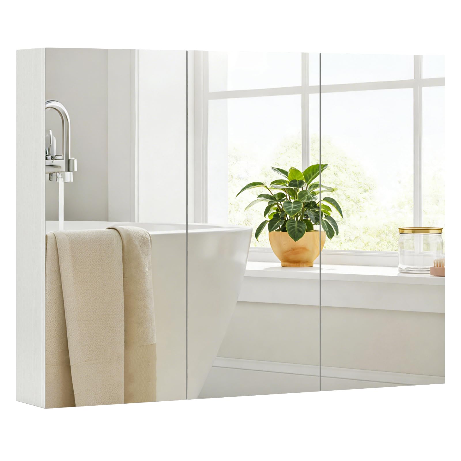 COSTWAY Frameless Bathroom Medicine Cabinet with Mirror 3-Door Wall-Mounted Storage Cabinet with Shelves Recess or Surface Mount Optional