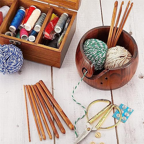 Image of Wooden Yarn Bowl,Yarn Bowl for Knitting Yarn Bowls Crochet Yarn Ball Holder Yarn Storage Bowl for DIY Knitting Crocheting Crochet Kit Organizer,with 12 Pcs Bamboo Crochet Hooks (No-Lid Dark Wood)