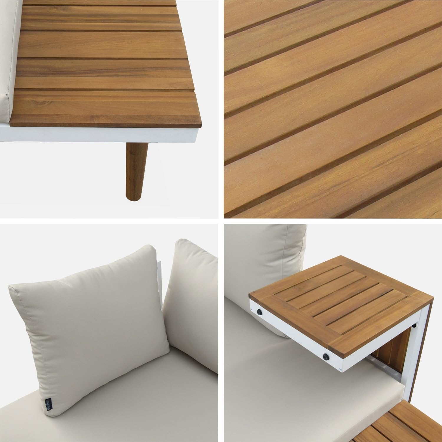 Alice's Garden - Salon de Jardin Beige et Blanc modulable en Aluminium et Bois d'acacia. 4 Places. Sao Paulo.140 x 68 x 65cm