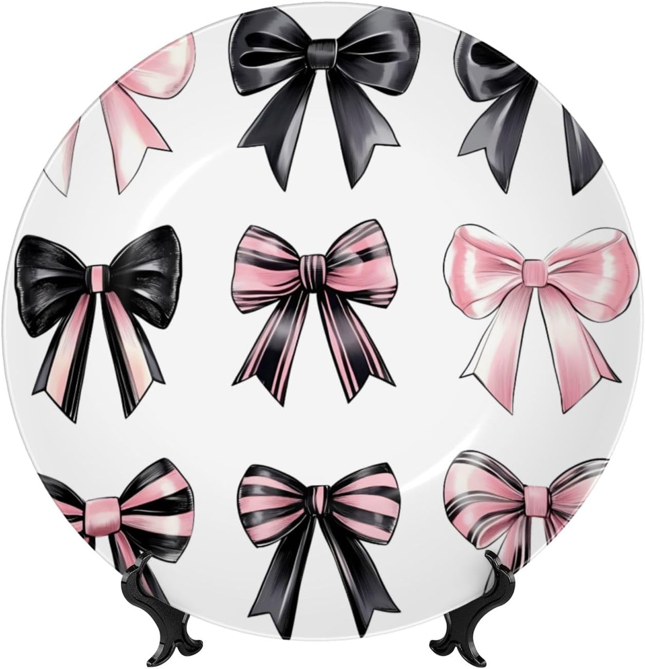 Pink Bow Bone China Decorative Plate with Stand and Hook,Wall and Table Ornament, Ideal for Living Room, Study, 8"/10"