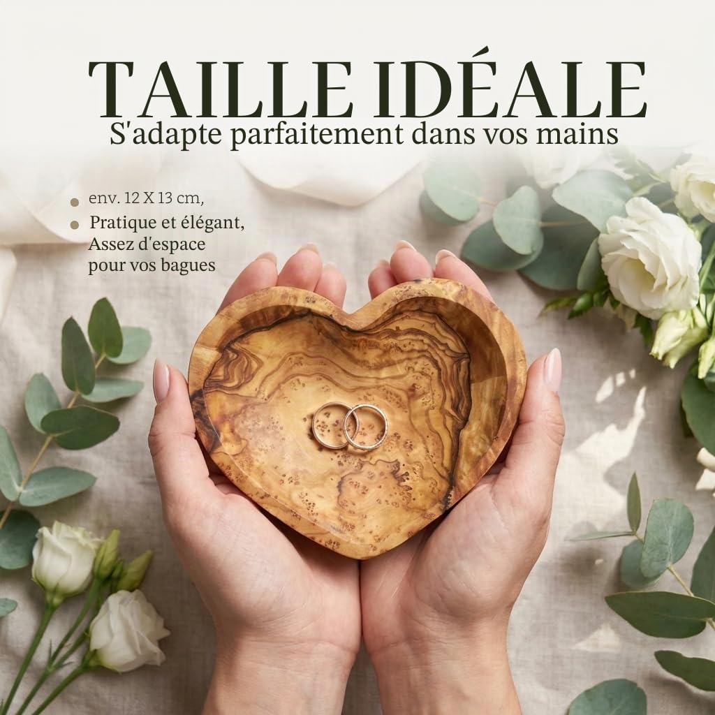 Coussin pour alliances de mariage en bois d'olivier personnalisé - Bol en bois en forme de cœur fait à la main