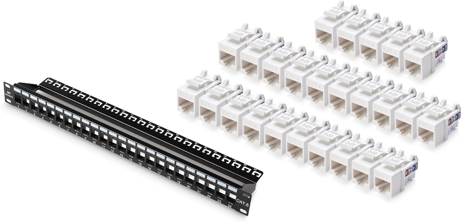 Cable Matters Rack or Wall Mount 24-Port Cat6, Cat 6 Keystone Patch Panel (Blank Patch Panel) & Slim Profile 90 Degree Cat 6 RJ45 Keystone Jack in White