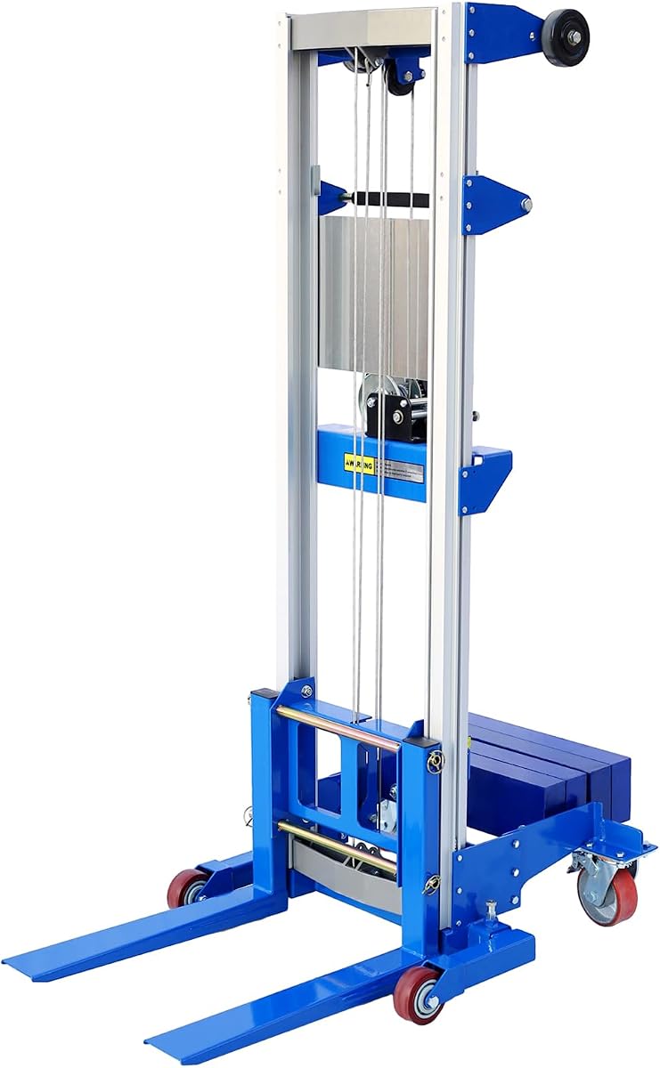 Material Lift Winch Stacker, 350 lbs Capacity, 142" Lift Height, Counterbalance Hand Winch Lift Truck, Material Lifts for Warehouse, Factory, Library, 46"L x 43"W