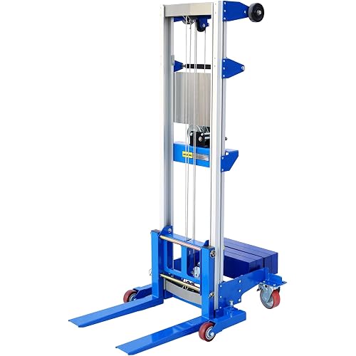 Material Lift Winch Stacker, 350 lbs Capacity, 142" Lift Height, Counterbalance Hand Winch Lift Truck, Material Lifts for Warehouse, Factory, Library, 46"L x 43"W