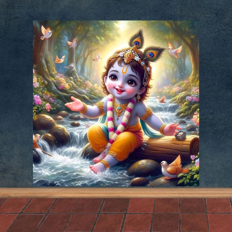 Image of British Terminal Cute little Bal Gopal Baby God Krishna| Kanha Ji | Laddu Lord Makhan Chor Painting Religious Poster for Pregnant Women for wall (matt thin vinyl,sticker,multicolor,unframed)| bj303