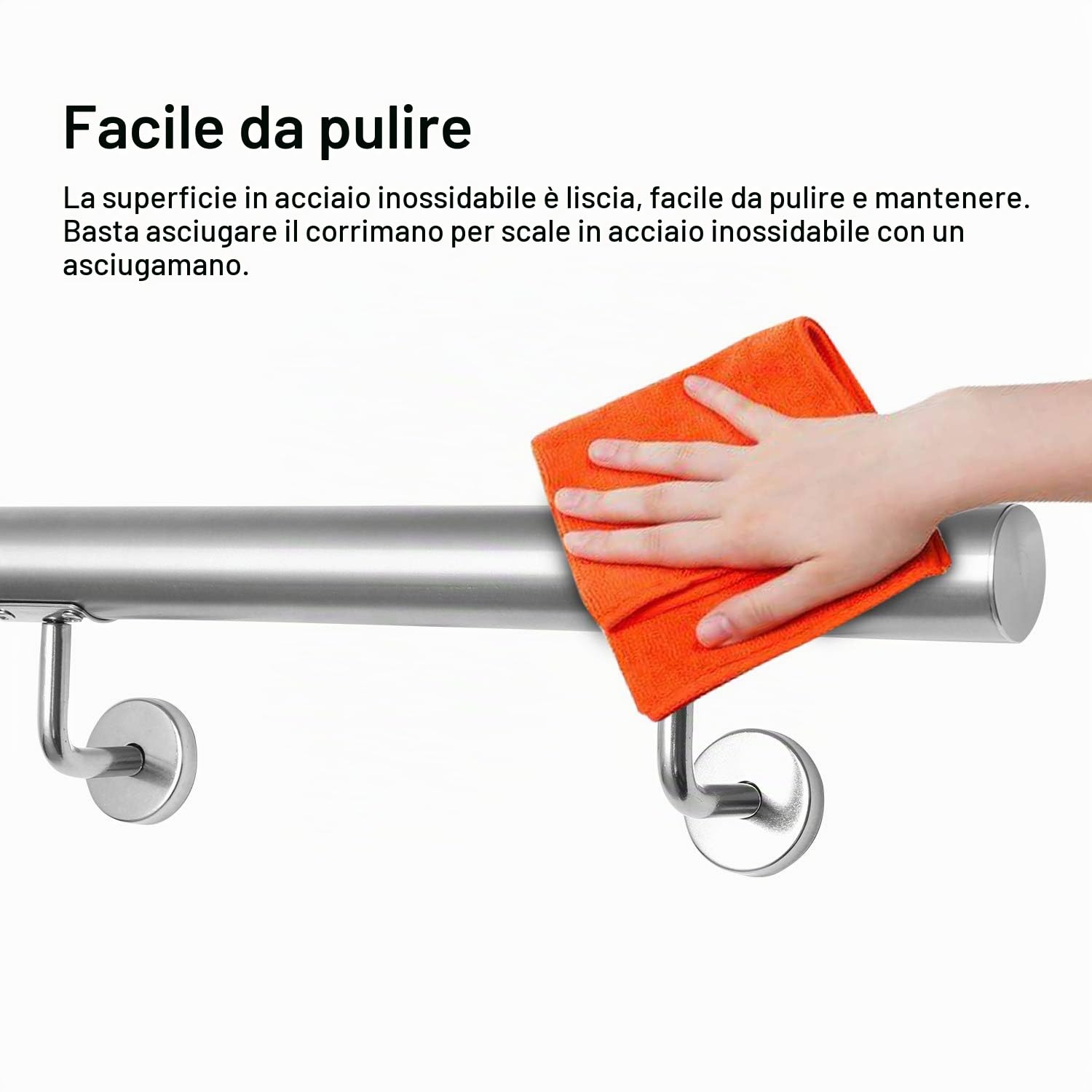 Gimisgu Corrimano in acciaio inox, ringhiera da parete, per interni ed esterni, asta con supporto e tappi terminali, Ø 42 mm, lunghezza: 200 cm