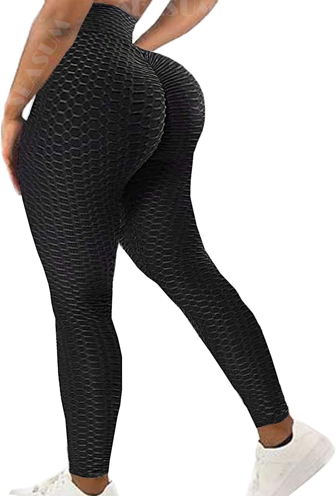 SEASUM Women High Waisted Workout Yoga Pants Butt Lifting Scrunch Booty Leggings Tummy Control Anti Cellulite Textured Tights