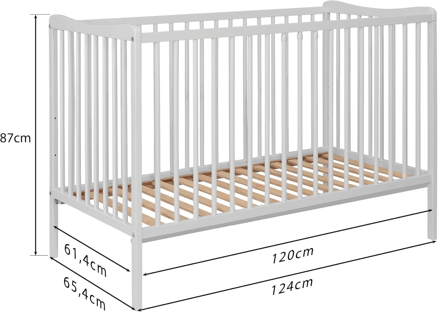 Kinderbett Sasha 120x60 cm aus Buchenholz, umbaubar zum Juniorbett mit Rausfallschutz, EN 716 geprüft, 3-Fach höhenverstellbar (Weiß)