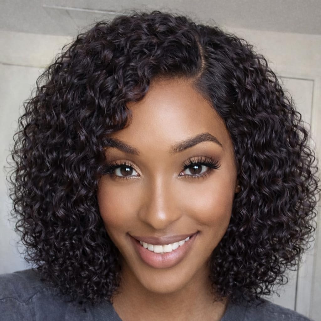 Side Part Curly Bob Wig Human Hair Water Wave 14 Inch Glueless Wigs Human Hair Pre Plucked Pre Cut Hd Lace Closure Wigs for Women Natural Black Daily Wear Put On and Go Wig