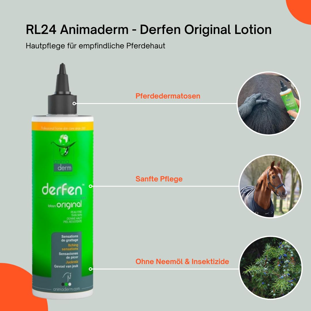 RL24 Animaderm - Derfen Original Lotion – Hautpflege für empfindliche Pferdehaut – Hautlotion für Sommerdermatitis – bei gereizter Haut & Juckreiz – Pferdepflege – 1 x 250 ml