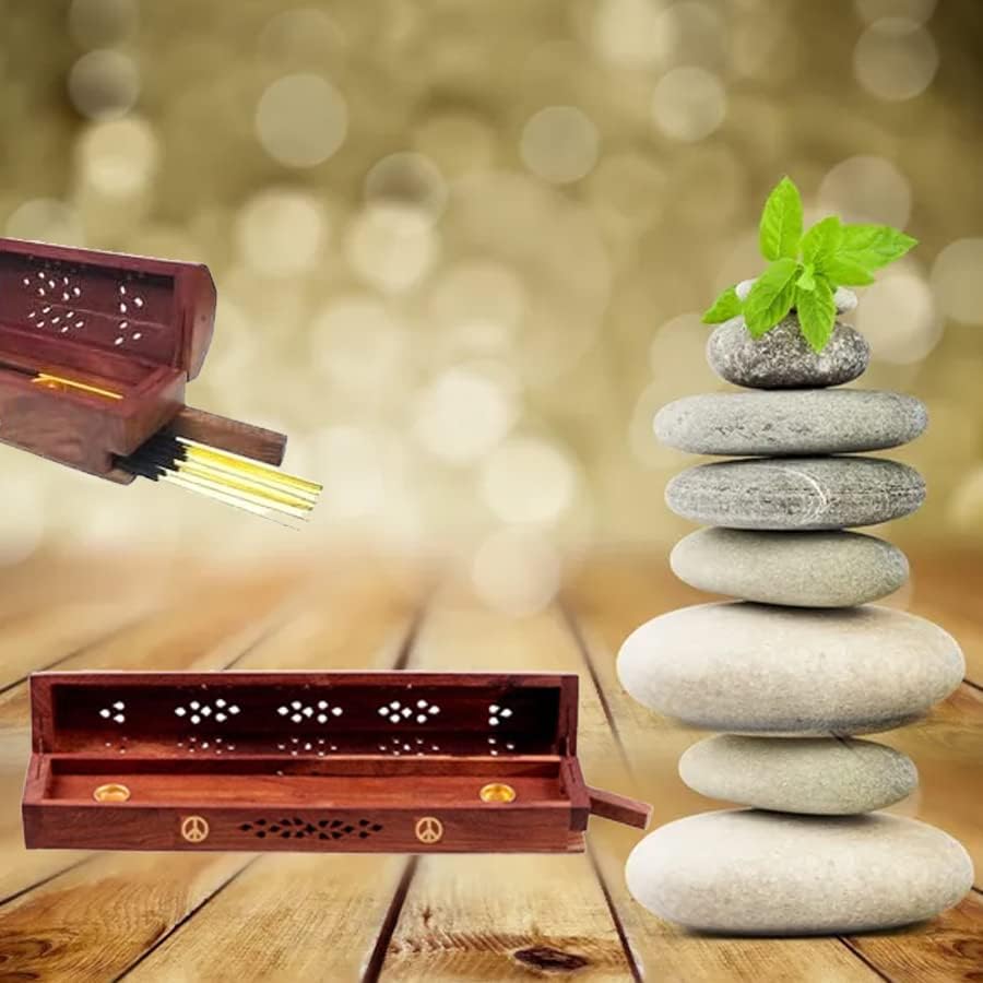 Miniatura 8 de Caja de incienso de madera, soporte Agarbati para quemador de incienso tallado a mano, soporte para incienso, incrustaciones de latón y soporte de