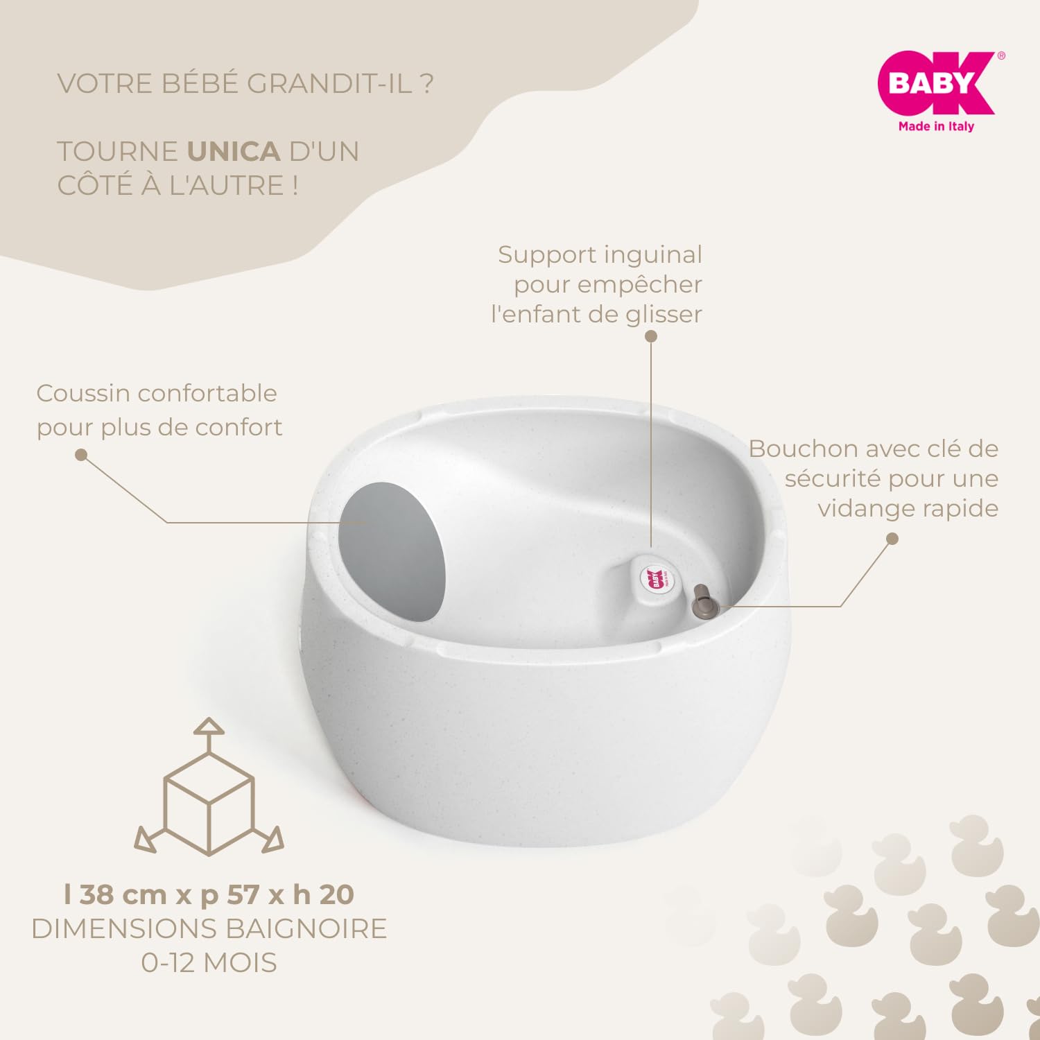 OKBABY Unica - Bañera 0-4 Años con Doble Uso, Termómetro Incorporado y Soporte Ergonómico - Bañera y Minipiscina para Niños - Granito
