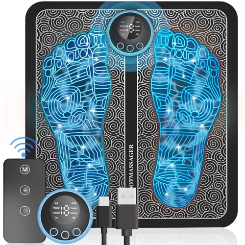 Genkigold EMS Masajeador Pies para Neuropatía,Almohadilla Masajeadora para Alivio del Dolor Plantar,Relajación Muscular,Masajeador de Pies Portátil y Recargable,Control Remoto,con 8 Modos,19 Niveles